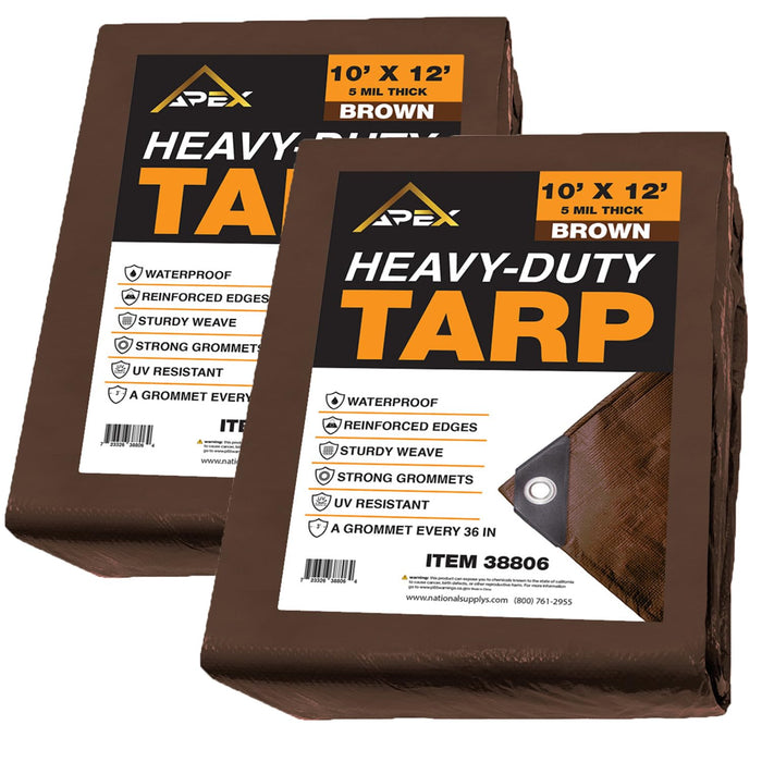 Heavy Brown Tarp - 10ft x 12ft (2 Pack) - 5 MIL Multipurpose UV Resistant, Waterproof Protective Tarp Cover with Metal Grommets and Reinforced Edges - for Roof, Camping, Patio, Boat, Car 38806