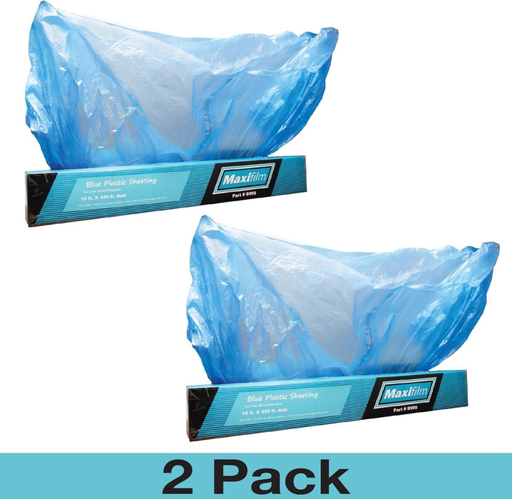 MAXIFILM 16ft x 350ft Roll of Blue Overspray Paintable Masking Plastic Sheeting -8 Micron, 0.3 Mil, Protective Masking Film Cover, Auto Painting, Cover Cloth Home Walls Furniture (4, 16ft x 350ft)