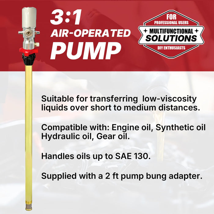 LAUCO 3:1 Air Operated Oil Pump – Pneumatic Drum Pump for 55 Gallon Barrels – 870 PSI for SAE240 Fluids and Gear Oils (Pump Only, No Hose, Gun, Cart) (Not for Gasoline or Diesel)- 47529