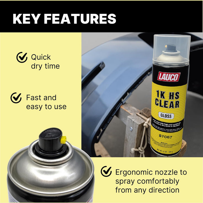 LAUCO 1K HS Gloss Clear 13 oz Automotive Aerosol Spray Paint Can with Aerosol Spray Gun - Pack of 6 - Acrylic Clear Coat Perfect for Protecting Refinish Color on Small Accessories 57067