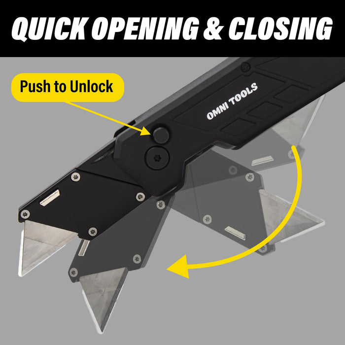 Heavy Duty Folding Utility Knife with 5 Replacement Blades, Quick Change Razor Box Cutter, Ergonomic Handle, Portable Pocket Cutter for Cardboard, Drywall, Plastic, Rope, Carpet and DIY Projects