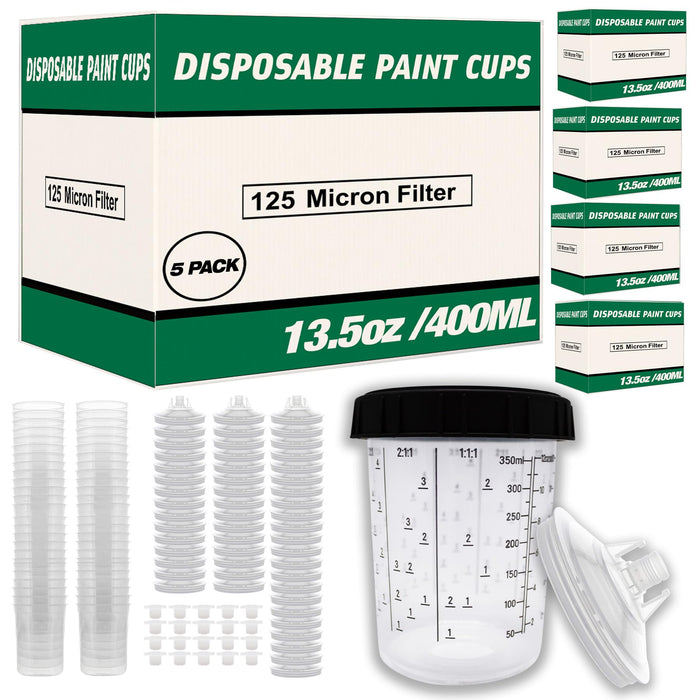 Value Pack 5 Boxes - Disposable Spray Gun Paint Cups Liners and Lid Kit - Each Box Includes: 50 Cup Liners, 50 Lids with 125 Mic, 1 Hard Cup with Retainer Ring and 20 Plugs (5 Boxes of 400ml / 13.5oz)