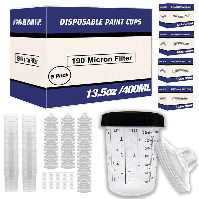 Disposable Paint Spray Gun Cups Liners and Lid System 50 Liners, 50 Lids, 190 MIC, 1 Hard Cup with Retainer Ring and 20 Plugs - Compatible w/ Original 1.0 System (not 2.0) (5 Boxes of 400ml / 13.5oz)