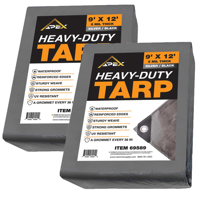 Heavy Duty Tarp 5 MIL Multipurpose UV Resistant, Waterproof Protective Tarp Cover with Metal Grommets and Reinforced Edges - for Roof, Camping, Patio, Boat, Car (Silver/Black, 9ft x 12 ft (2 Pack))