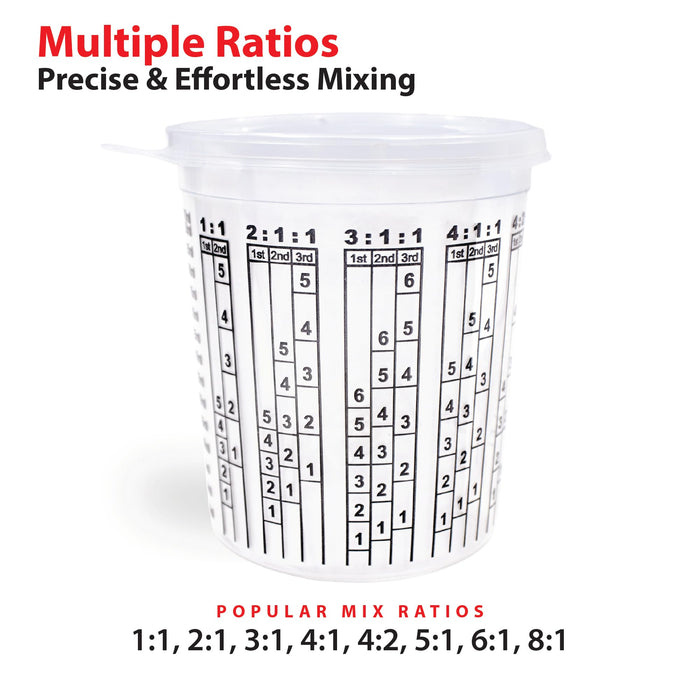Reusable Graduated Paint Mixing Cups Pack of 100 with 12 lids - Size 72 Onz - Paint Cups with Calibrated Mixing Ratios, Measuring Cups for Epoxy Resin, Activators, and Thinners