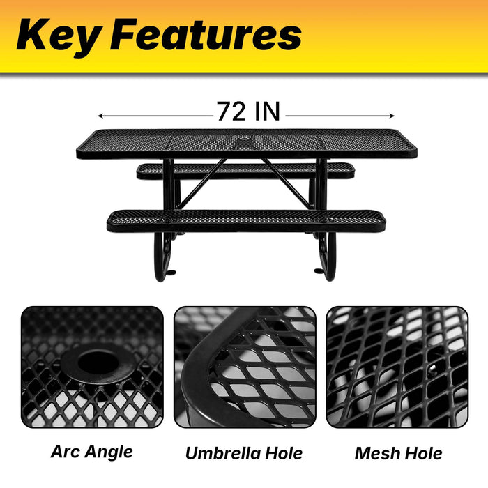 LAUCO Heavy Duty Rectangular Outdoor Picnic Table with Steel Frame, Thermoplastic Coating, Umbrella Hole, Built-in Benches, Seats 8, for Park, Patio, School (Black, 72 inch) 36051