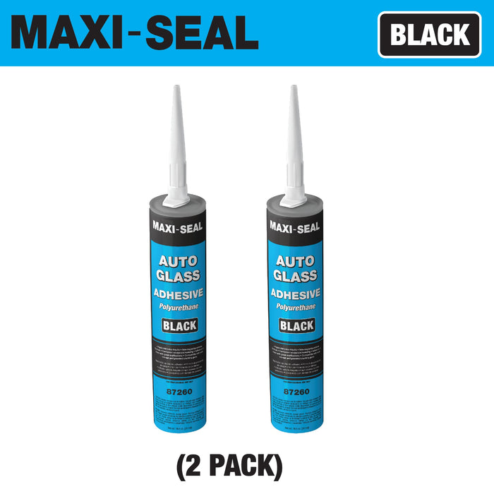 Maxi-Seal Black Polyurethane Windshield Adhesive with Fast Curing Non-sag Formula - 10.5oz Tube + ﻿Applicator Tip﻿ - High Bond Strength Window Sealant Compound (2 Pack)