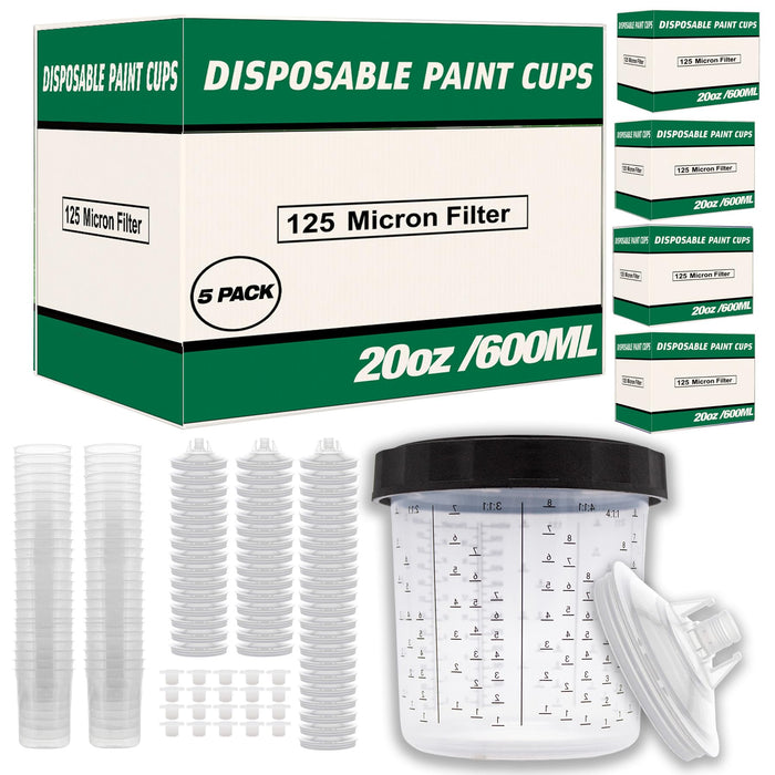 Value Pack 5 Boxes - Disposable Spray Gun Paint Cups Liners and Lid Kit - Each Box Includes: 50 Cup Liners, 50 Lids with 125 Mic, 1 Hard Cup with Retainer Ring and 20 Plugs (5 Boxes of 600ml / 20oz)