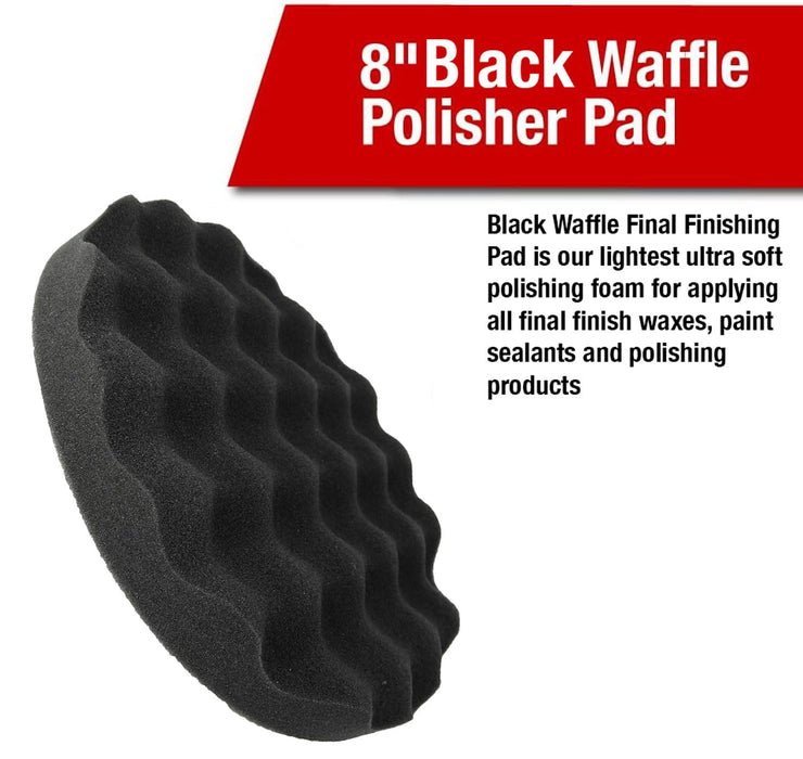LAUCO Black Foam Waffle Buffing Pad – Single Sided - Final Buff Polish Wax - Hook & Loop – 8” inch (203.2 mm) 8998