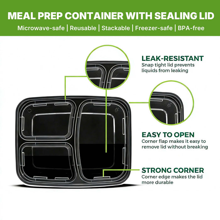 Meal Prep Containers with Lids, Reusable 3-Compartment Food Storage, Sturdy Leakproof & Food Safe, Microwave Freezer Dishwasher Safe, To-Go Takeout Plastic Containers, 50 Pack (100-Piece) – 60827