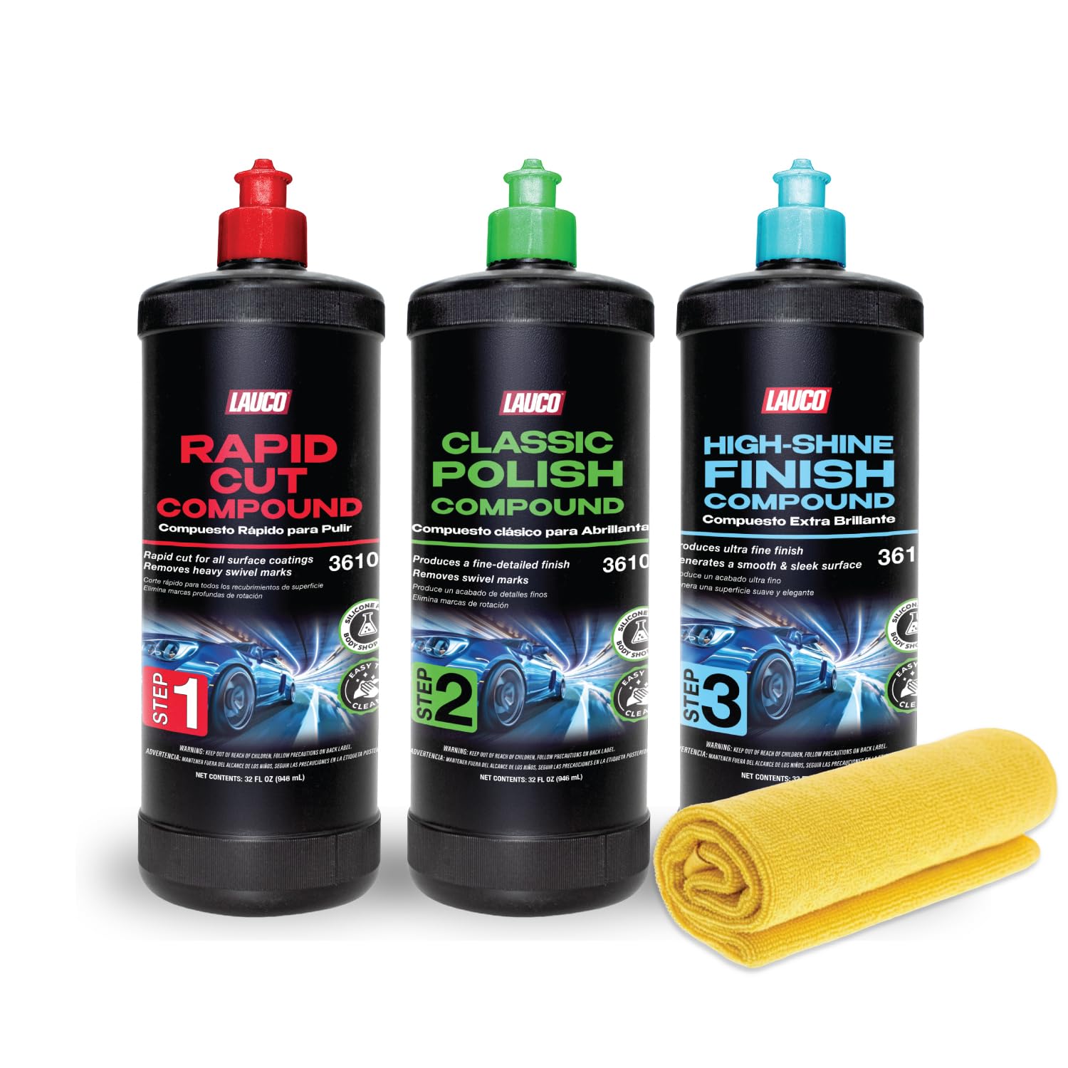 LAUCO 3-Step Kit – Steps 1 2 3 – 32oz, with a Towel, Professional Silicone-Free Cutting, Polishing & Finishing Compounds for Scratch Removal, Clear Coat Safe High-Gloss Finish