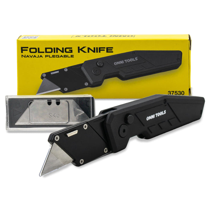 Heavy Duty Folding Utility Knife with 5 Replacement Blades, Quick Change Razor Box Cutter, Ergonomic Handle, Portable Pocket Cutter for Cardboard, Drywall, Plastic, Rope, Carpet and DIY Projects
