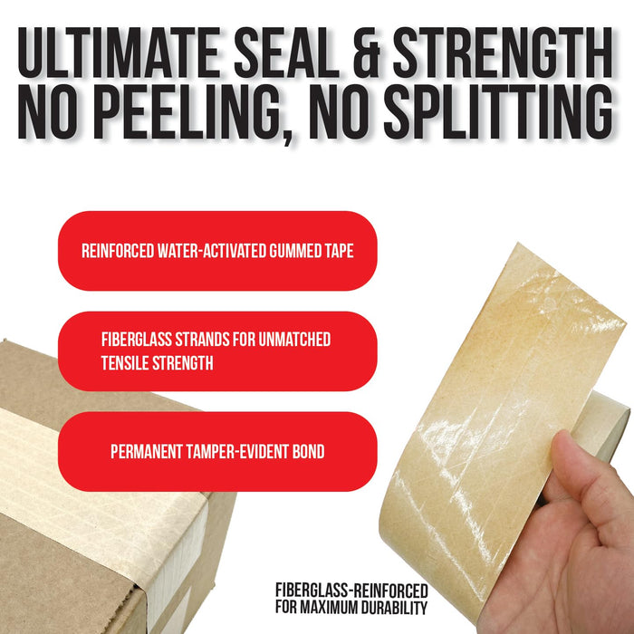 LAUCO Gummed Paper Tape 3" x 450' – Water Activated Kraft Packing Tape with Fiberglass Reinforcement – Heavy Duty, Tamper Evident Shipping Tape – Biodegradable – 10 Rolls