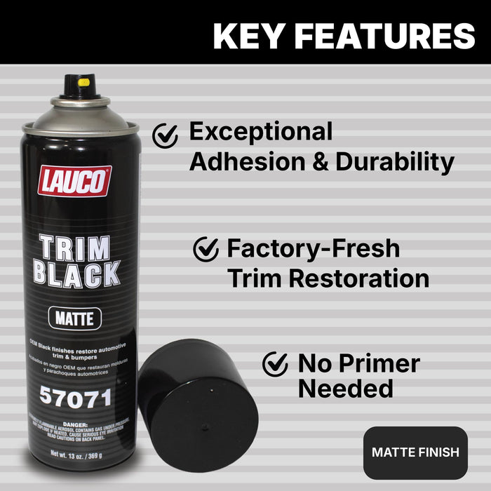 LAUCO Trim Black Matte Automotive Spray Paint – 13 oz Aerosol Can for Plastic, Aluminum, Steel & Stainless Steel Trim – Durable OEM-Style Finish- 57071