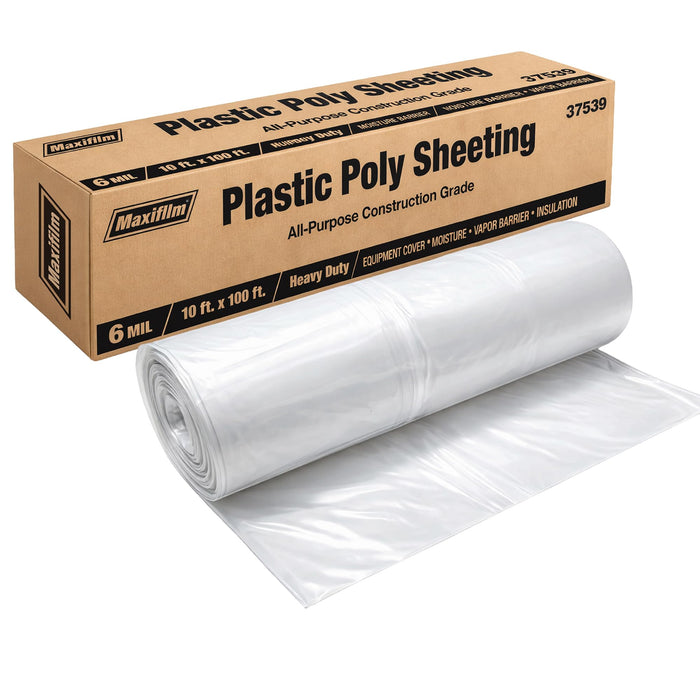 Lauco Heavy Duty Construction Plastic Sheeting 10' x 100' Roll – 6 Mil Clear Polyethylene Sheet – Waterproof Vapor Barrier, Dust & Moisture Protection for Painting, Furniture, Carpet & Contractor Use