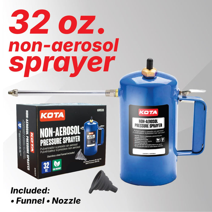 LAUCO Non Aerosol Pressure Sprayer - Refillable Pressurized Sprayer Bottle for Oil, Solvent, Degreasers, Lubricants - Rechargeable Steel Canister with Brass Nozzles, 32oz. (1, Blue) 69533