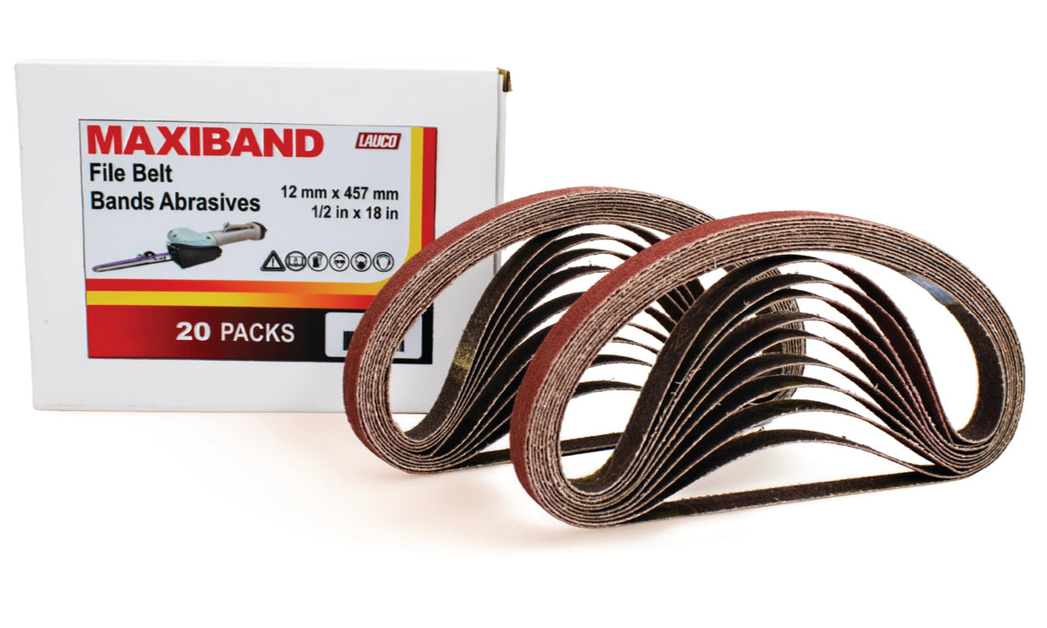 MAXIBAND 1/2 in x 18 INCH File Belt Bands Abrasives - 80 GRIT - Aluminum Oxide Sanding Belt, Sander Belts for Air File Belt Sander, Woodworking, Metal Polishing - Pack of 20 31748