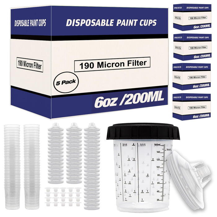 Disposable Paint Spray Gun Cups Liners and Lid System 50 Cup Liners, 50 Lids, 190MIC, 1 Hard Cup with Retainer Ring and 20 Plugs - Compatible w/ Original 1.0 System (not 2.0) (5 Boxes of 200ml / 6oz)