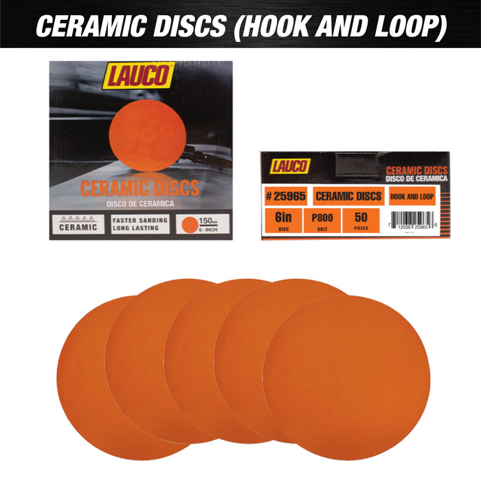 Premium 6" Hook and Loop Sanding Ceramic Discs (Box of 50) - Hook and Loop Backing Discs for DA Orbital Sanders - Automotive Sanding Wood Furniture Finishing (GRIT-800) 25965