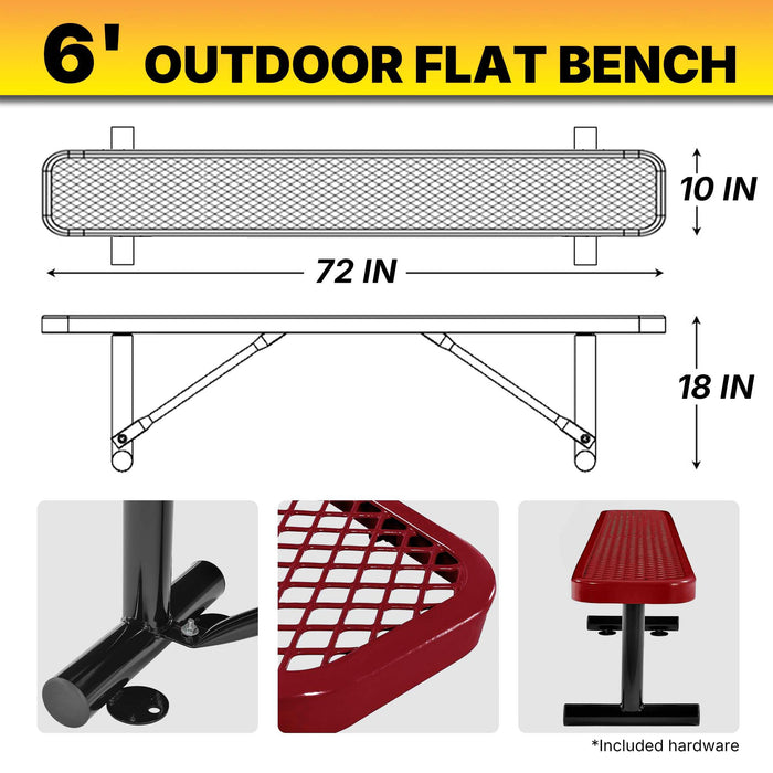 LAUCO Heavy Duty Expanded Metal Mesh Picnic Bench, Industrial Style Outdoor Bench with Steel Frame, 1000 lbs Capacity, Red Thermoplastic Coating