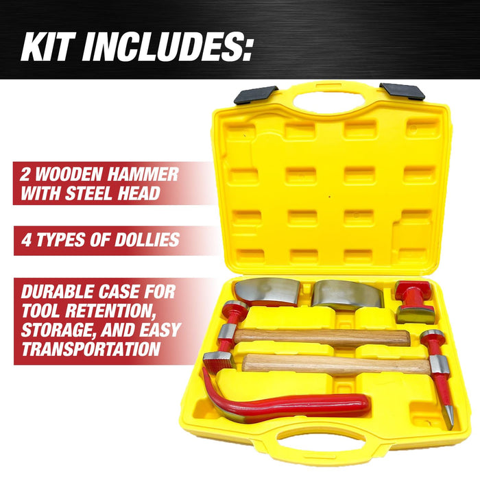 LAUCO 6 Pieces Auto Body Hammer Repair Tool Dolly Kit, Steel Hammer Heads and Dollies on Wood Handles,Performance Tool Heavy Duty Fender Set for Car, ﻿Multifunctional Hammer Kit
