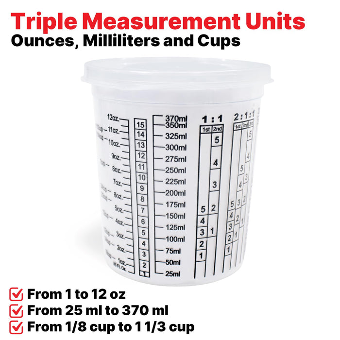 Pack of 100 Cups and 12 Lids Paint & Epoxy Mixing Cups - 16oz, Calibrated Mixing ratios on Side - Solvent Resistant, Reusable Clear Plastic Cups for Paint, Epoxy, Resin, Oil, Thinner