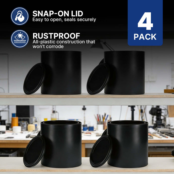 Plastic Paint Can Bucket 1QT Pack of 4 w/Lid & Handle, Triple Lock Airtight Seal, Touchdown Bucket, Small Pail Triple-Lock Airtight Seal to Minimizing Skimming, Rust, Odor & Chemical Resistant