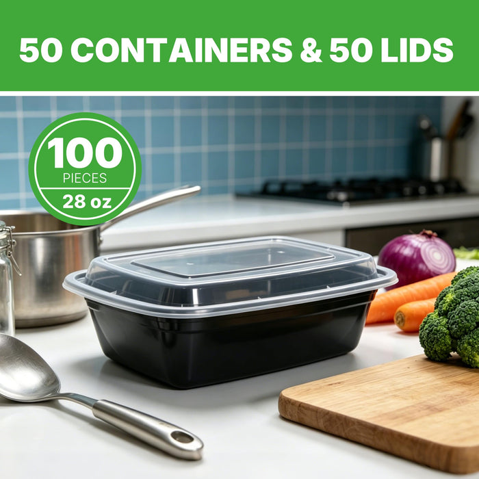 50 Pack (100-Piece) Meal Prep Containers Rectangle 28oz Reusable with Lids, Sturdy Leakproof & Food Safe, Microwave, Freezer, Dishwasher Safe Prep Containers, To Go Take Out Plastic Food Storage 75898