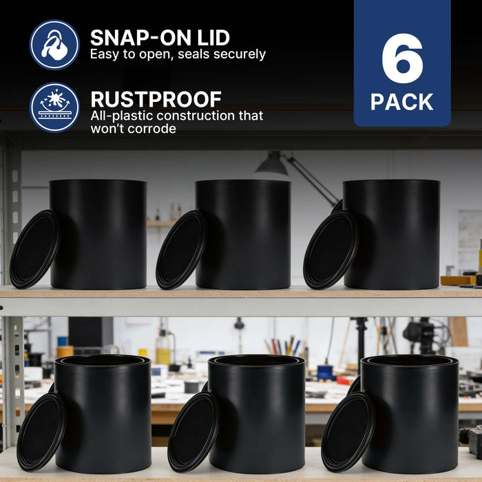 Plastic Paint Can Bucket 1QT Pack of 6, w/Lid & Handle, Triple Lock Airtight Seal, Touchdown Bucket, Small Pail Triple-Lock Airtight Seal to Minimizing Skimming, Rust, Odor & Chemical Resistant