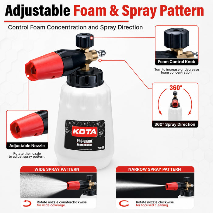 KOTA Pro-Grade Foam Cannon for Pressure Washer, 4000 PSI Snow Foam Lance with 1/4 Inch Quick Connect, 1.25mm Orifice, Solid Brass Core, Adjustable Thick Foam Cannon