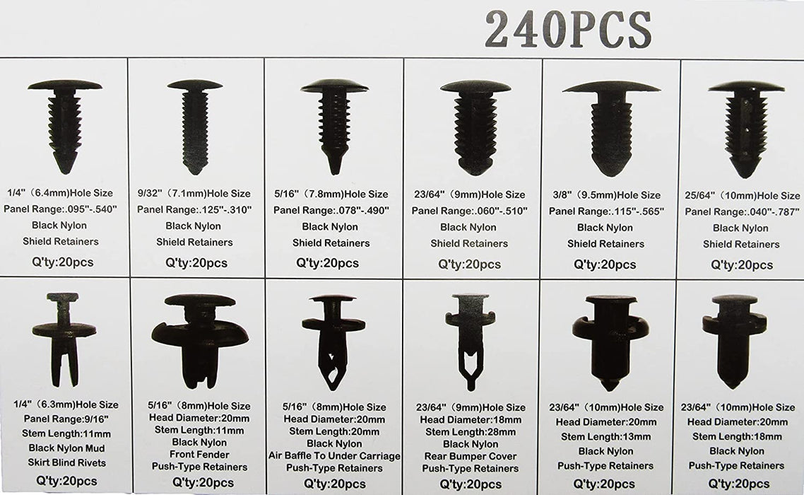 240 Pcs Bumper Clips Car, 12 Types of Clips, Bumper Push Fastener Rivet Clips, Expansion Screws Replacement Kit, Car Door Trim Panel Clips Kit Set A