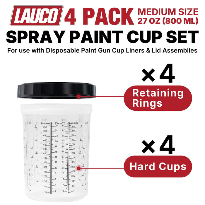 4 Pack Set of Large Size 27 Ounce (800ml) 4 Hard Cups and 4 Rings for Use with The Disposable Paint Spray Gun Cups Liners and Lid System 0OC8000