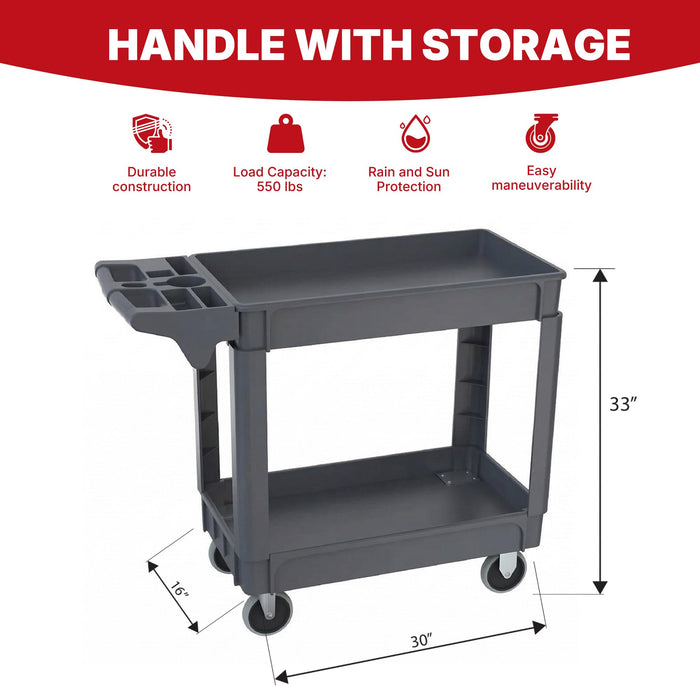 Lauco Heavy Duty Polypropylene Utility Cart - ﻿30" x 16" x 33"- Industrial Cart with Full Swivel Wheels Safely Holds up to 550 lbs - Multipurpose 2 Tier Service Cart for Warehouse, Garage, Cleaning