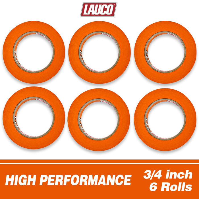 LAUCO Orange Automotive Refinishing Masking Tape – Autobody Painter’s Tape, Moisture, UV & Heat Resistant, No Residue – Multi-Purpose Masking Tape for Auto Repair (0.75 in, Pack of 6 Rolls)