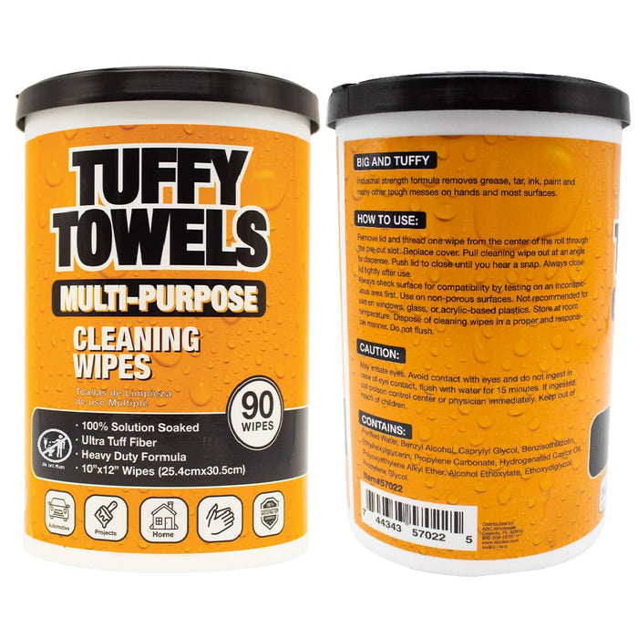 Tuffy Towels Heavy-Duty 10" x 12" Size Multi-Surface Cleaning Wipes, (10" x 12" Wipes) Per Canister, Pack of 1, 90 Count Total 57022
