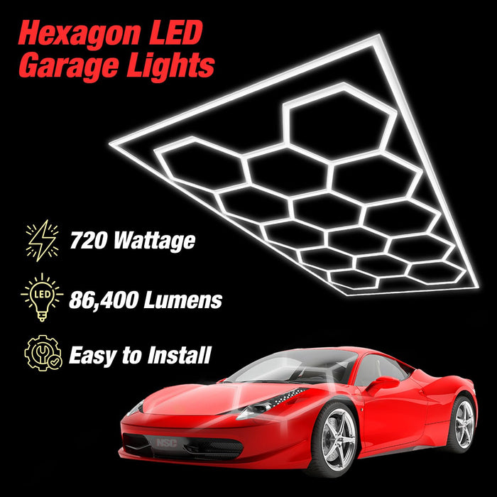 LAUCO Hexagon LED Garage Ceiling Light, 720W 86,400 Lumens, 6500K Daylight White, 14-Grid Honeycomb System with Outer Rectangle Frame, 96" x 190" for Garage, Workshop, Gym & Warehouse 50824