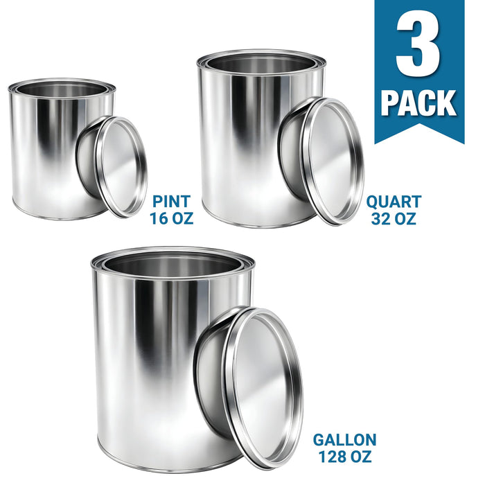 Lauco 3-Pack Metal Paint Cans with Lids, 1 Gallon + 1 Quart + 1 Pint Unlined Storage Containers – Durable Tinplate Buckets for Paint, Solvents, Craft Supplies & DIY Projects