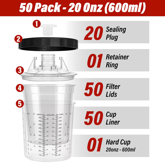 LAUCO Disposable Paint Spray Gun PPS Cups Liners and Lid System 50 Cup Liners, 50 Lids, 1 Hard Cup with Retainer Ring and 20 Plugs - Compatible with Original 1.0 System 600ml | 20oz | 125 Micron