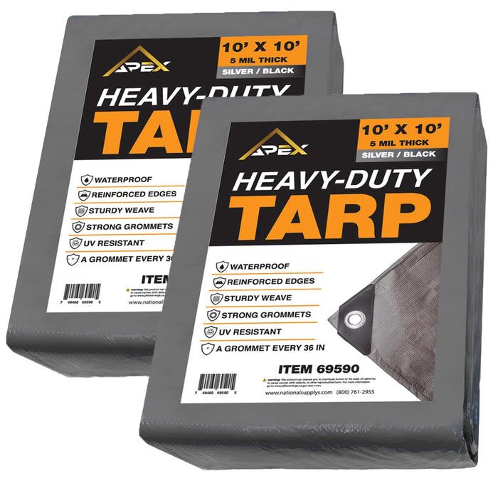 Heavy Duty Tarp 5 MIL Multipurpose UV Resistant, Waterproof Protective Tarp Cover with Metal Grommets and Reinforced Edges - for Roof, Camping, Patio, Boat, Car (Silver/Black, 10ft x 10ft (2 Pack))