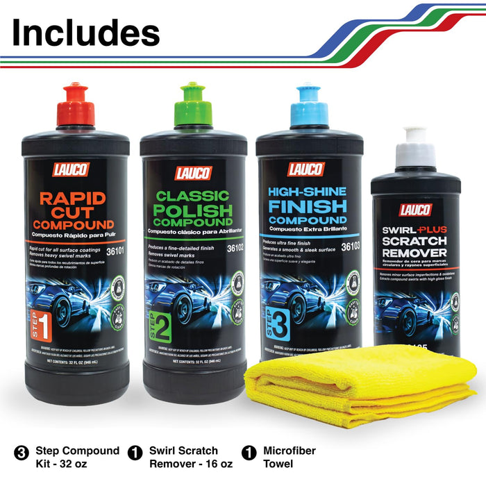LAUCO 3-Step Kit – Steps 1 2 3 – 32oz, + Swirl Remover – 8oz, with a Towel, Professional Silicone-Free Cutting, Polishing & Finishing Compounds for Scratch Removal, Clear Coat Safe High-Gloss Finish