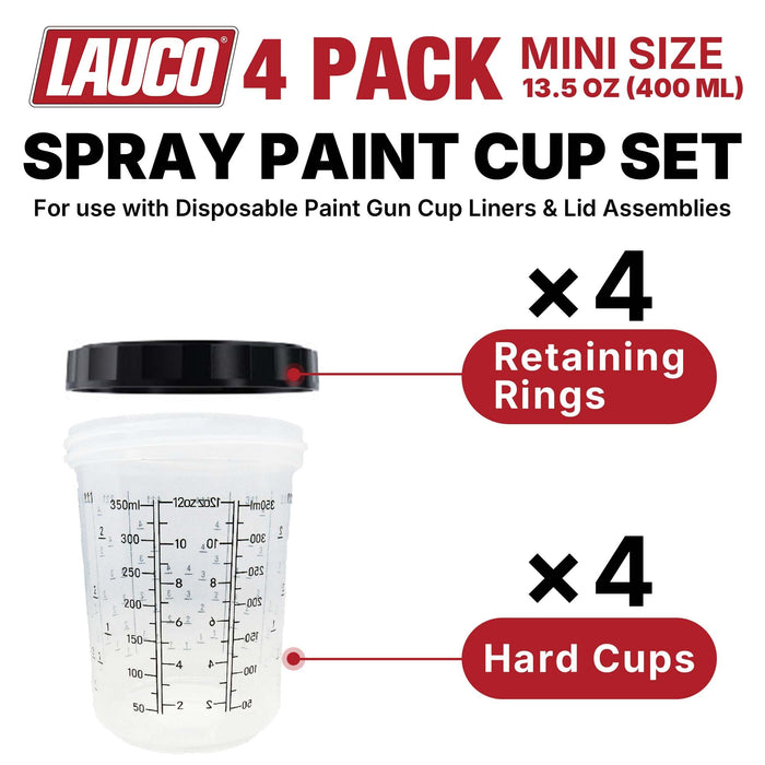 4 Pack Set of Medium Size 13.5 Ounce (400ml) Hard Cups and Retainer Rings - 4 Hard Cups and 4 Rings for Use with The Disposable Paint Spray Gun Cups Liners and Lid System