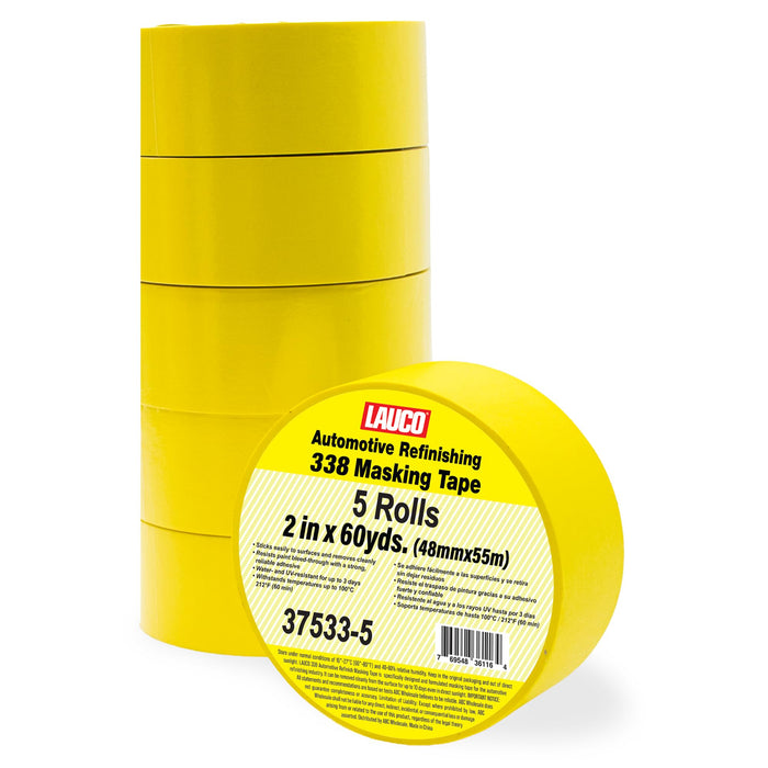 LAUCO Automotive Masking Tape Yellow Painters Tape for Car Painting, High Temperature Resistant Refinishing Tape, Clean Removal No Residue, Professional Auto Body Shop Masking Tape Bulk (2in-5rolls)
