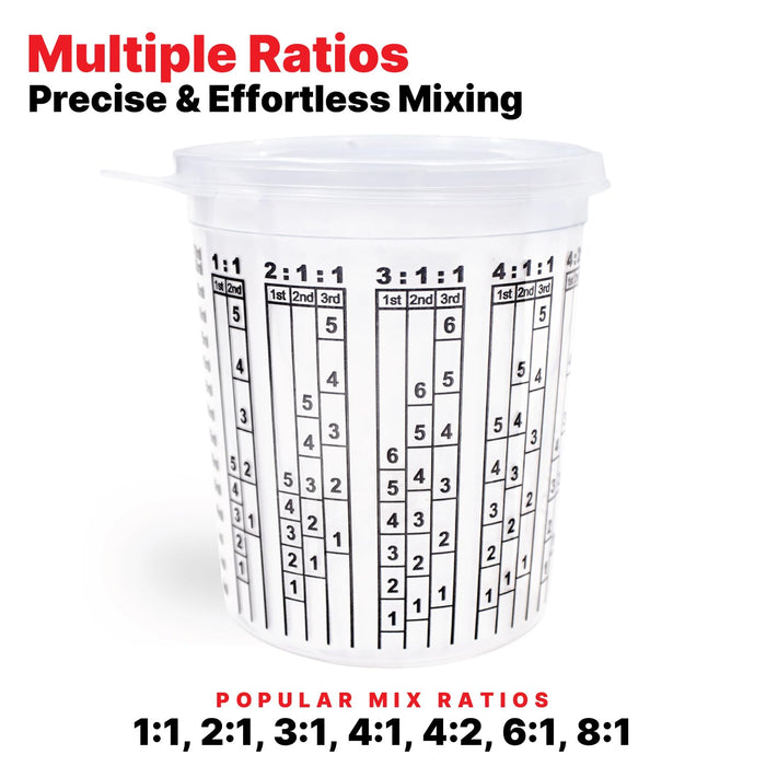Pack of 100 Cups and 12 Lids Paint & Epoxy Mixing Cups - 16oz, Calibrated Mixing ratios on Side - Solvent Resistant, Reusable Clear Plastic Cups for Paint, Epoxy, Resin, Oil, Thinner