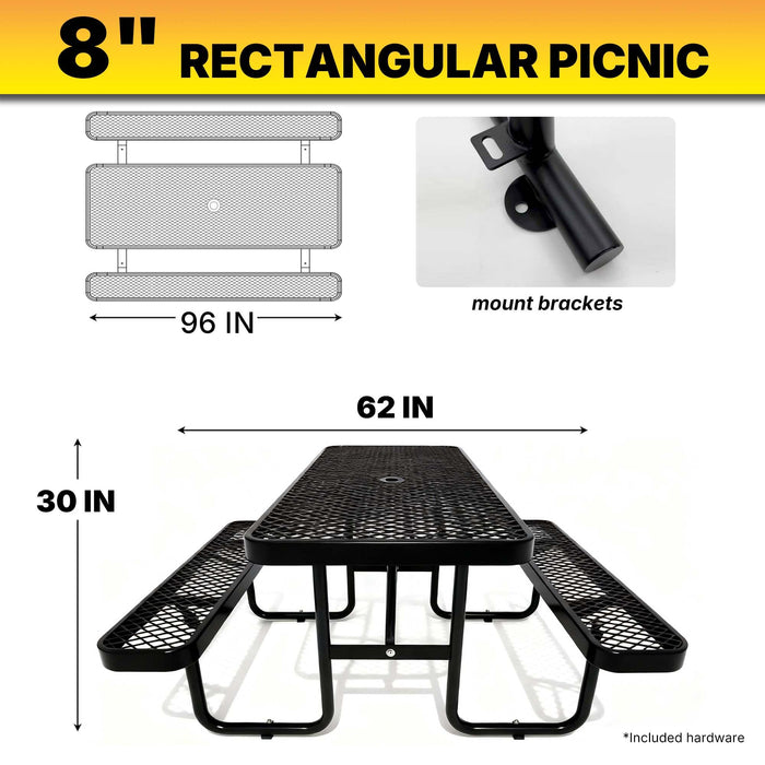 LAUCO Heavy Duty Rectangular Outdoor Picnic Table with Steel Frame, Thermoplastic Coating, Umbrella Hole, Built-in Benches, Seats 8, for Park, Patio, School (Black, 96 inch)