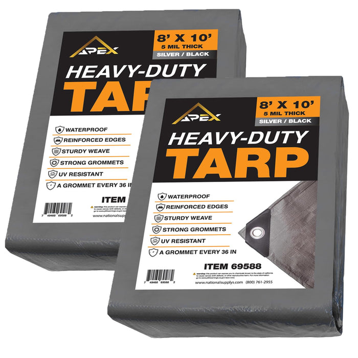 Heavy Duty Tarp 5 MIL Multipurpose UV Resistant, Waterproof Protective Tarp Cover with Metal Grommets and Reinforced Edges - for Roof, Camping, Patio, Boat, Car (Silver/Black, 8ft x 10ft (2 Pack))
