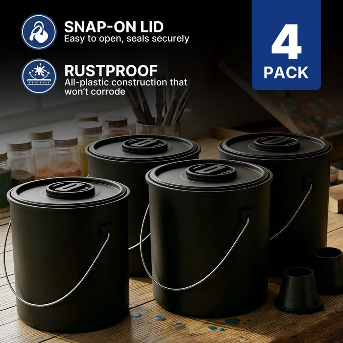 Plastic Paint Can Bucket 1Gal Pack of 4, w/Lid & Handle, Triple Lock Airtight Seal, Touchdown Bucket, Small Pail Triple-Lock Airtight Seal to Minimizing Skimming, Rust, Odor & Chemical Resistant