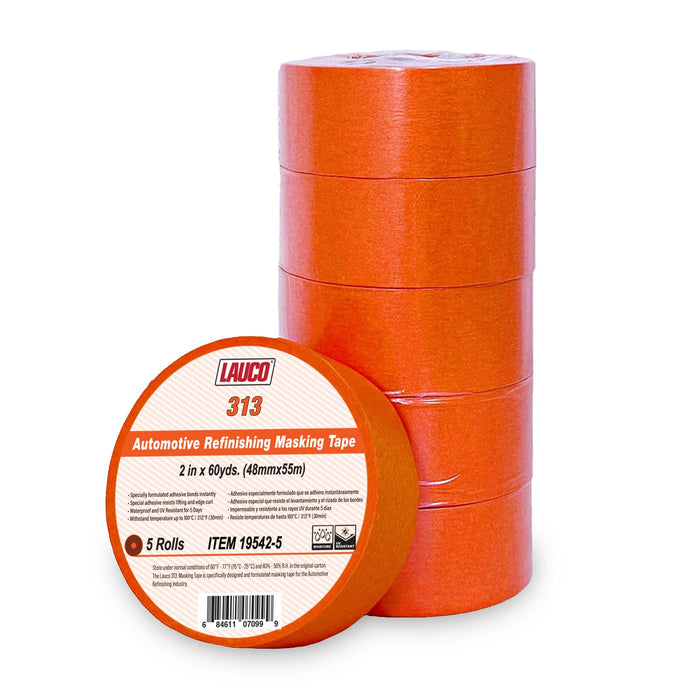 LAUCO Orange Automotive Refinishing Masking Tape 2 in x 60 yd (5 Rolls) – Autobody Painters Tape, UV, Moisture & Heat Resistant, No Residue, Multi-Purpose for Collision Repair