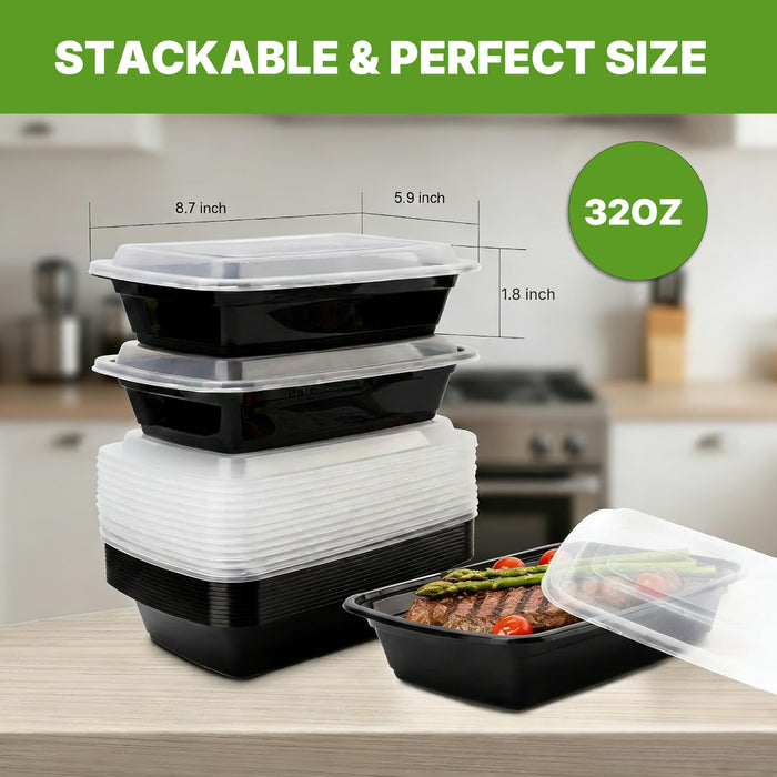 Uni-Pak Meal Prep Containers with Lids, Reusable 32oz Rectangle Food Storage, Sturdy Leakproof, Microwave Freezer Dishwasher Safe, To-Go Takeout Plastic Containers, 50 Pack (100-Piece) – 60816