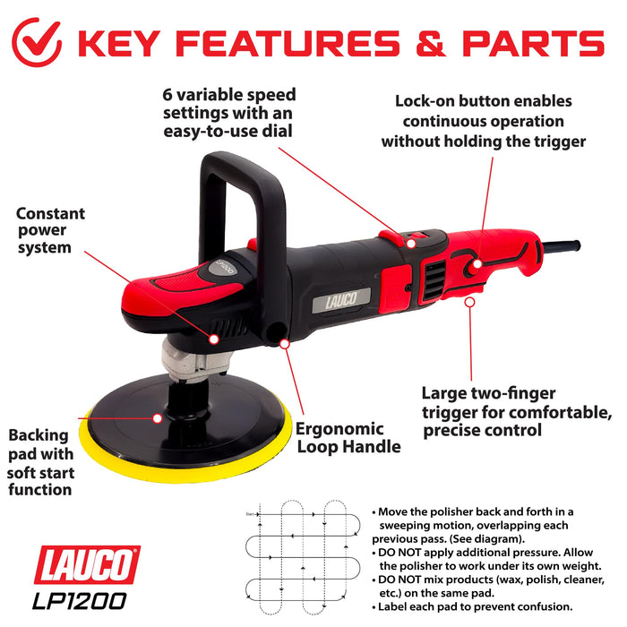 LAUCO Rotary Polisher 1200W with 6-Inch Backing Pad, 6-Speed Variable Control, High Torque Professional Polishing Machine for Car Detailing, Paint Correction, Buffing, Waxing & Finishing LP1200