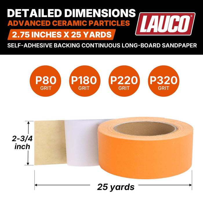 LAUCO Premium 220 Grit Ceramic Grain PSA Self-Adhesive Sanding Roll Each 2.75" x 25 Yard - Self Adhesive Sticky Back Continuous Longboard Sandpaper for Automotive and Woodworking